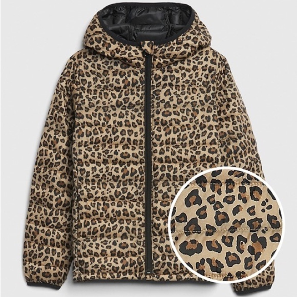 GAP Girls Upcycled Lightweight Puffer Jacket. Leopard Print. Girls XL (12/13yrs)